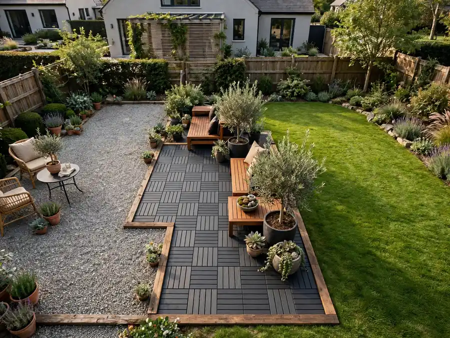 Backyard zones marked by gravel, tiles, and lawn