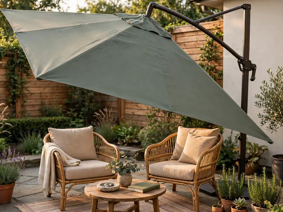 Offset umbrella tilted over a lounge corner