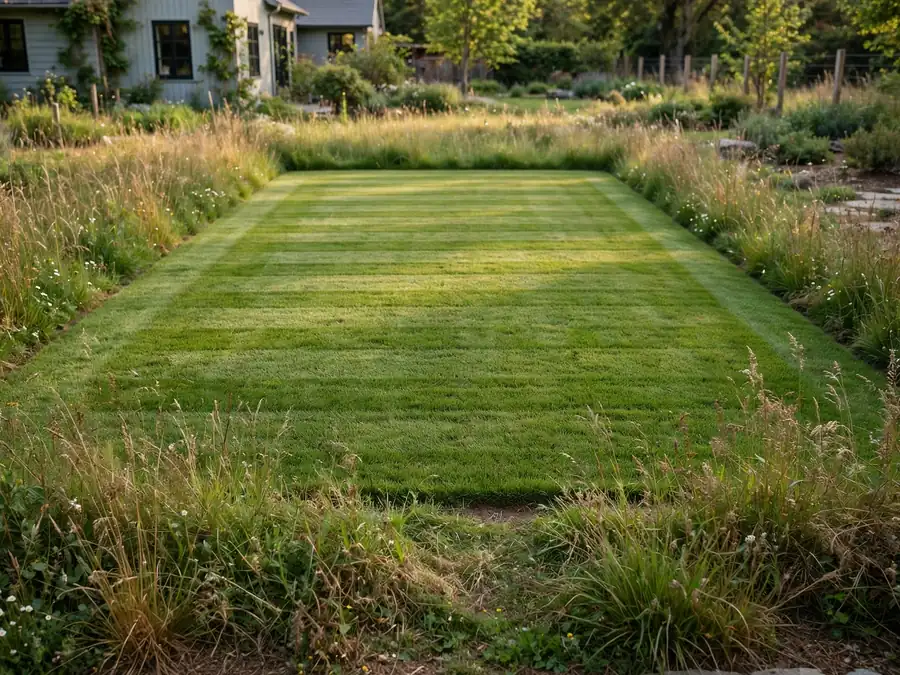 Neatly mowed lawn panel framed by longer grass