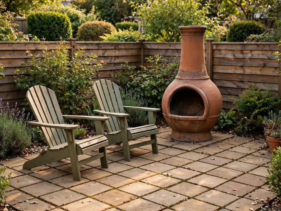 Chiminea on pavers in a backyard corner