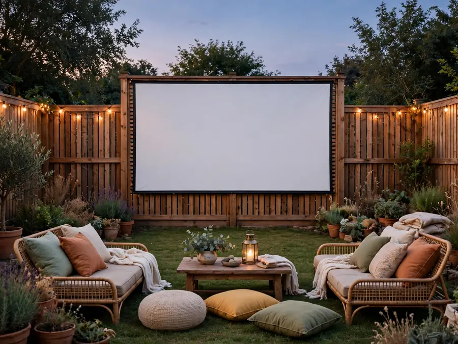 Outdoor movie screen stretched across a fence at dusk