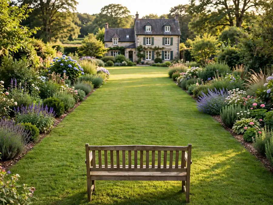 Bench at the end of a lawn facing a house