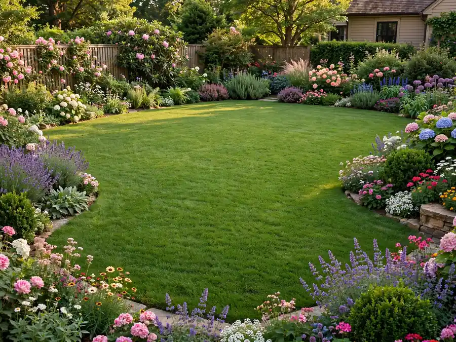 Open green lawn framed by planted borders