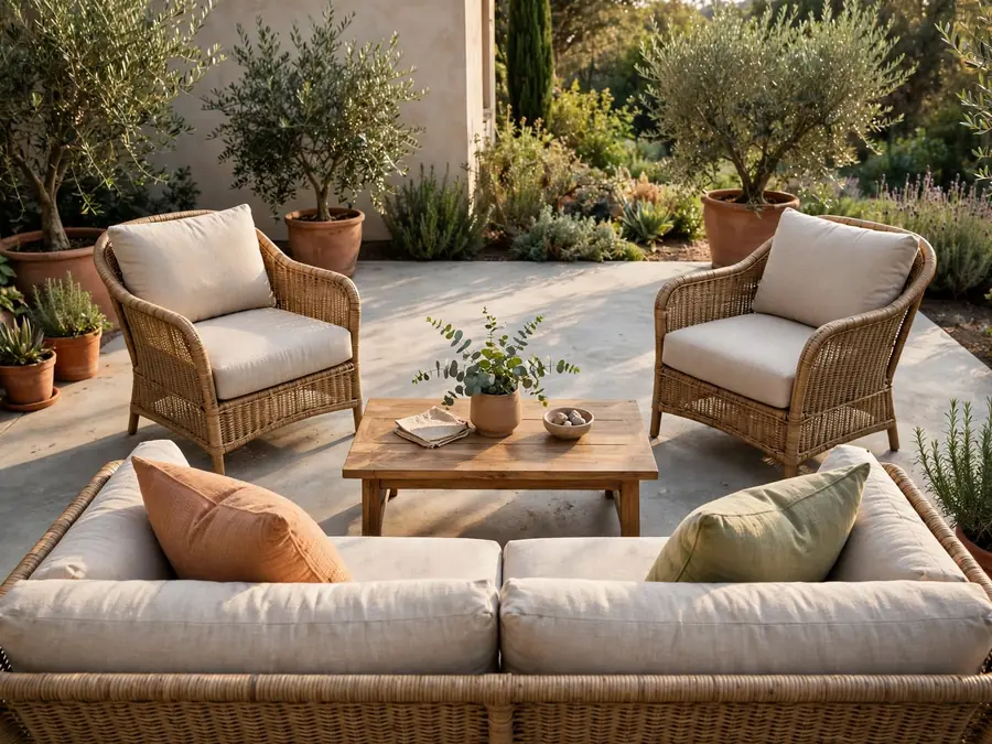 Patio sofa and chairs grouped around a coffee table