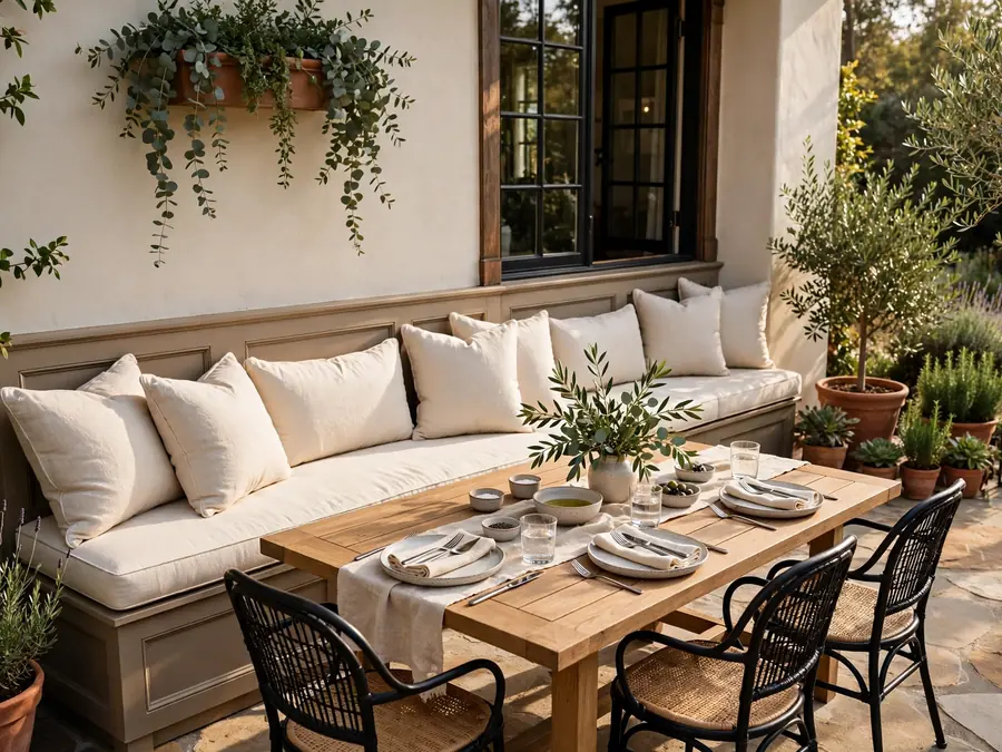 Bench seating with cushions along a patio wall