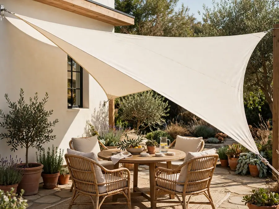 Triangle shade sail stretched over patio seating
