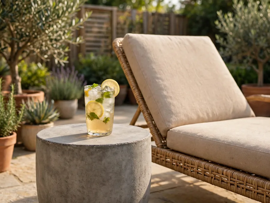 Small side table beside a patio lounge chair