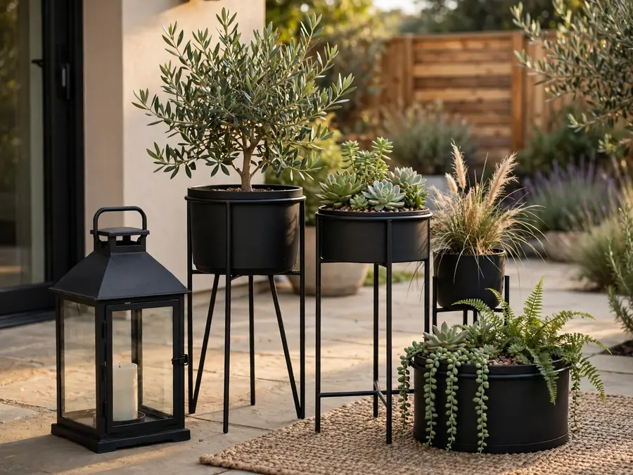 Black metal lantern and plant stands on a patio