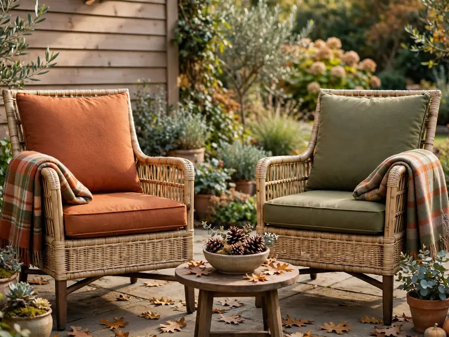 Patio chairs with rust cushions and plaid throws