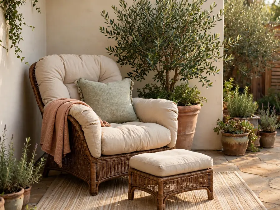Reading chair angled in a quiet patio corner
