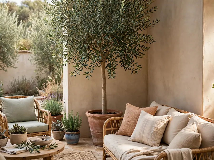 Tall potted olive tree standing at a patio corner