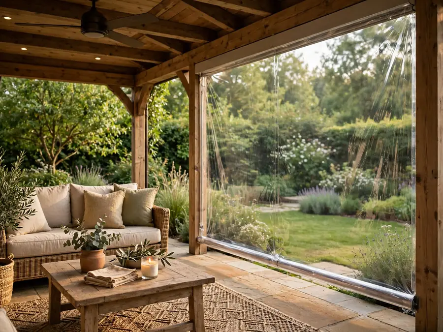 Clear rain panel on a covered patio side
