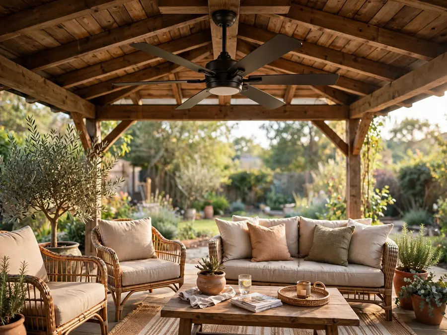 Ceiling fan under a patio roof