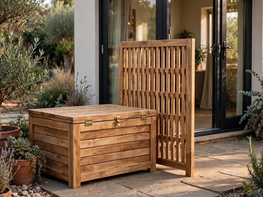 Wooden storage box beside a patio door