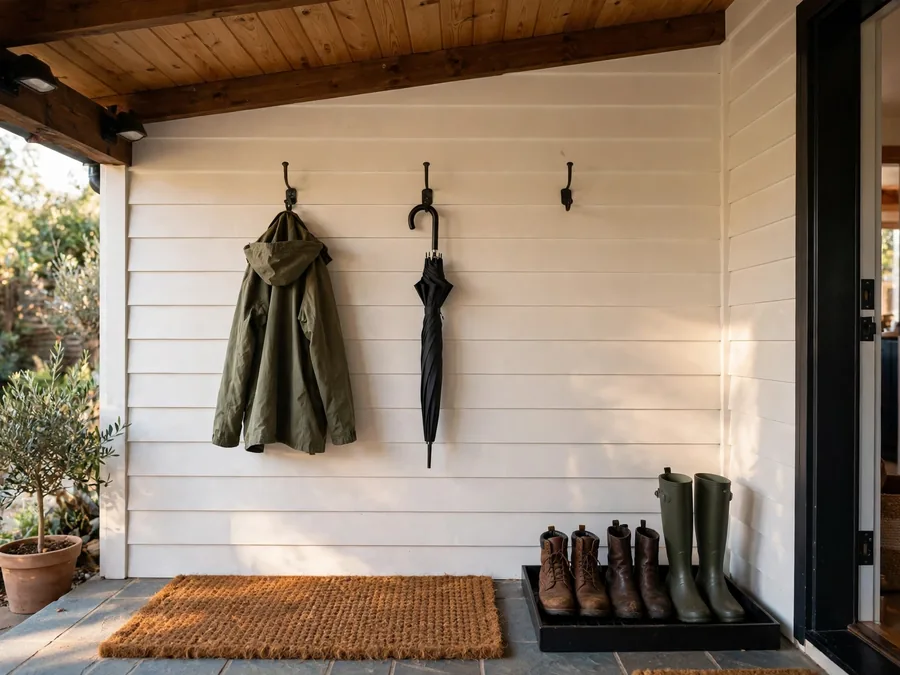 Mat hooks and tray by a patio door