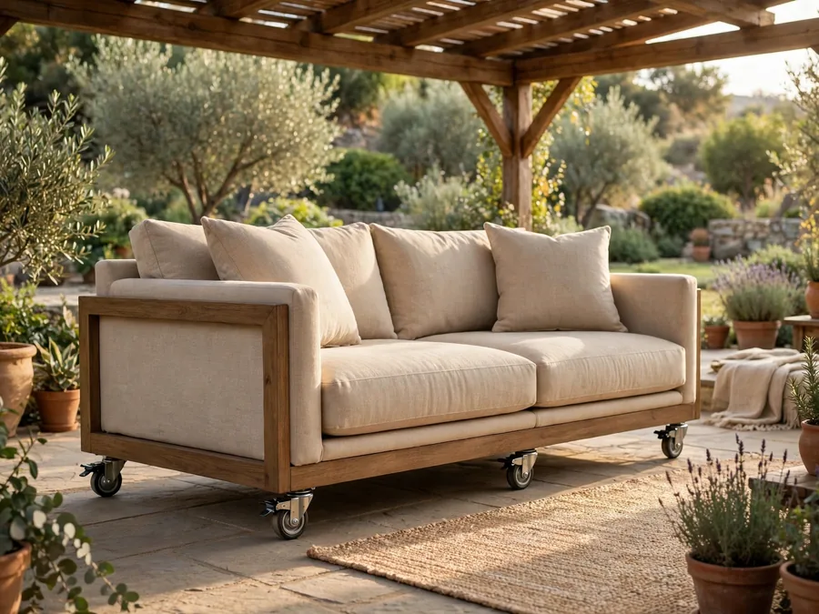 Outdoor sofa on caster wheels under a roof