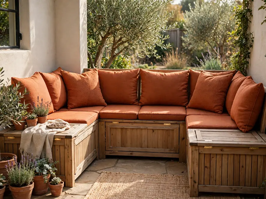 Corner bench with cushions on a small patio