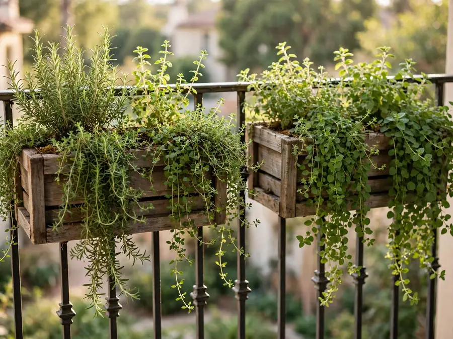 Planters hanging on a balcony railing
