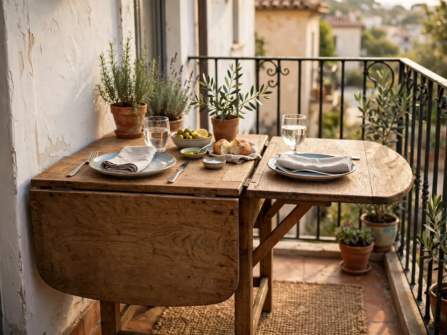 Drop-leaf table set for two on a balcony