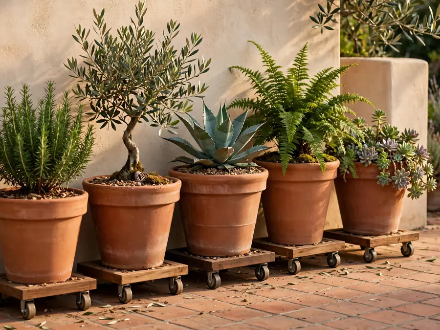Potted plants on rolling stands by a wall