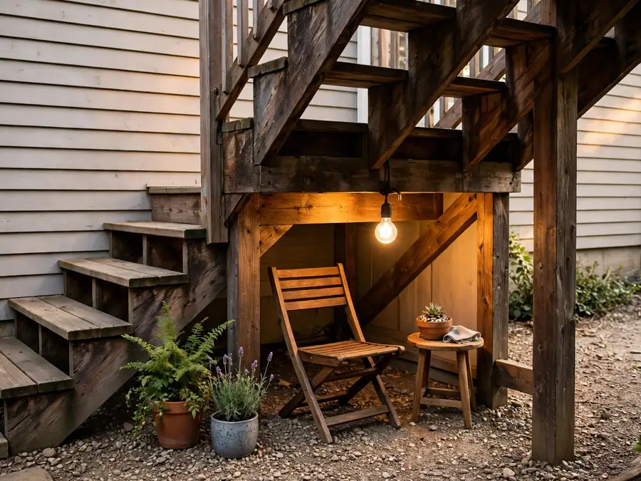 Folding chair and small table tucked under outdoor stairs