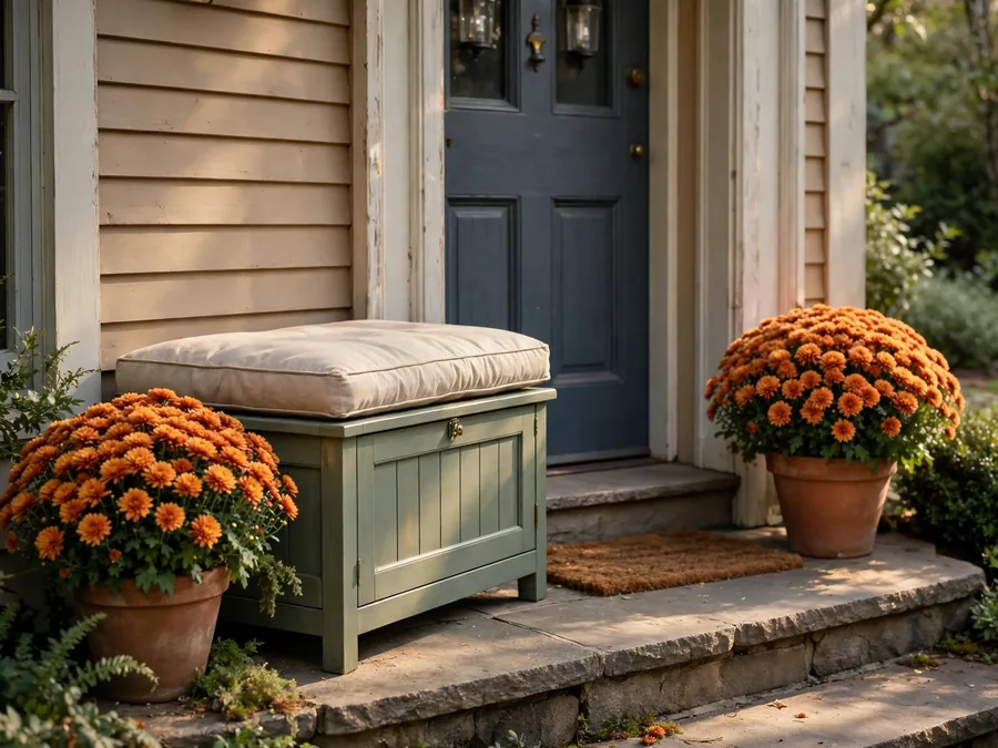 Front stoop with a green storage bench and pots of rust mums