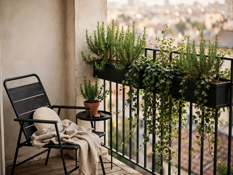Slim chair and railing planters at the end of a balcony