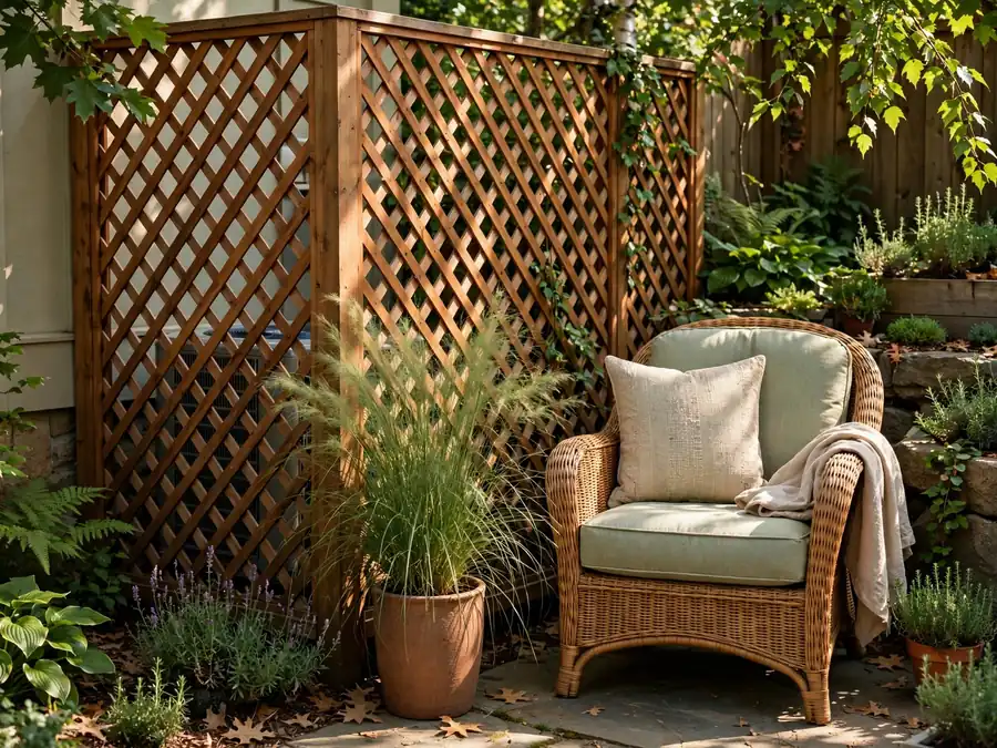 Reading chair beside a cedar lattice screen and tall grass pot