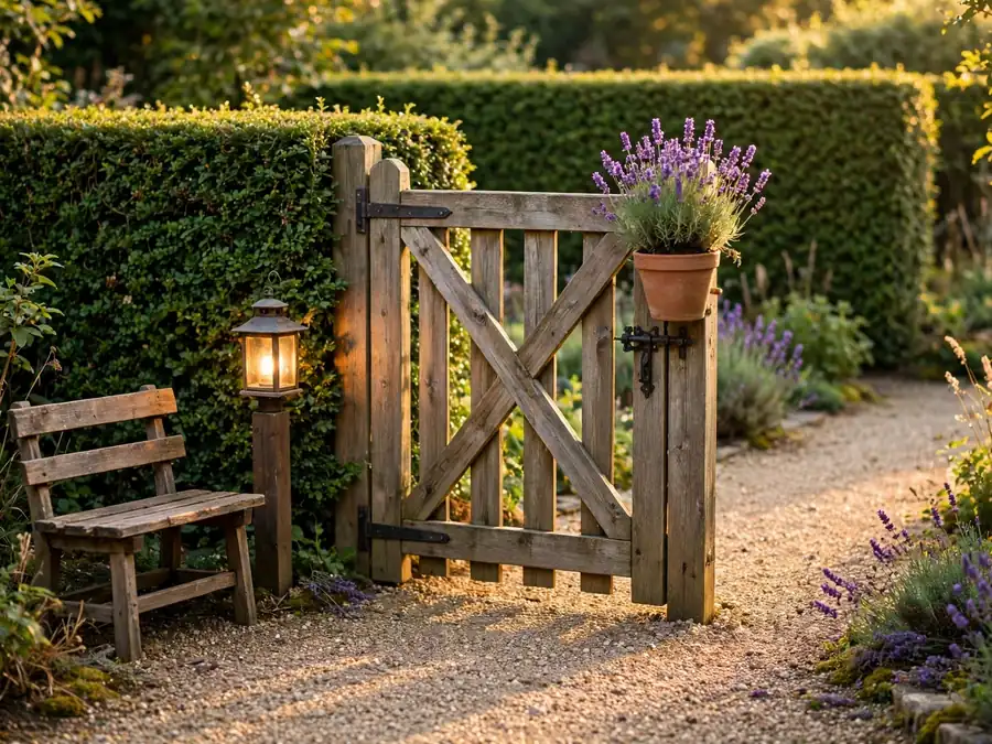 Small bench and lantern post beside a garden gate