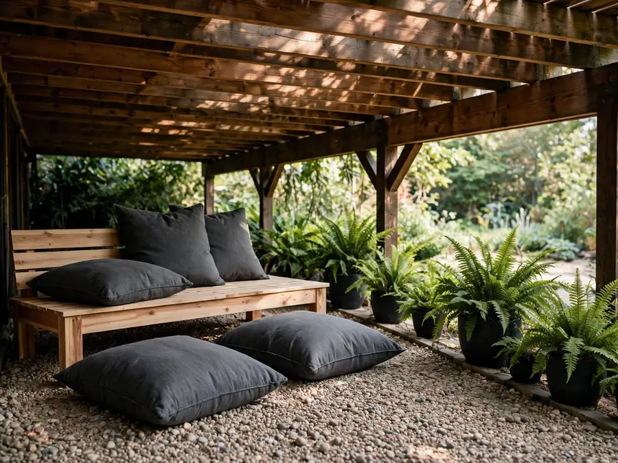 Low bench and floor cushions under a raised deck with fern pots