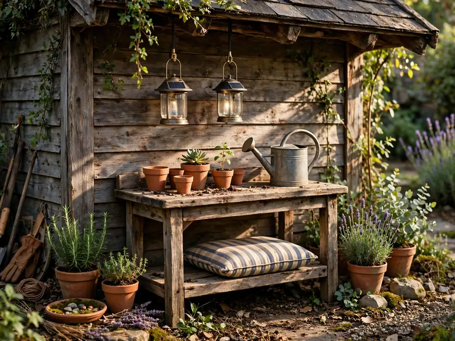 Potting bench with a cushion and hanging lanterns beside a shed