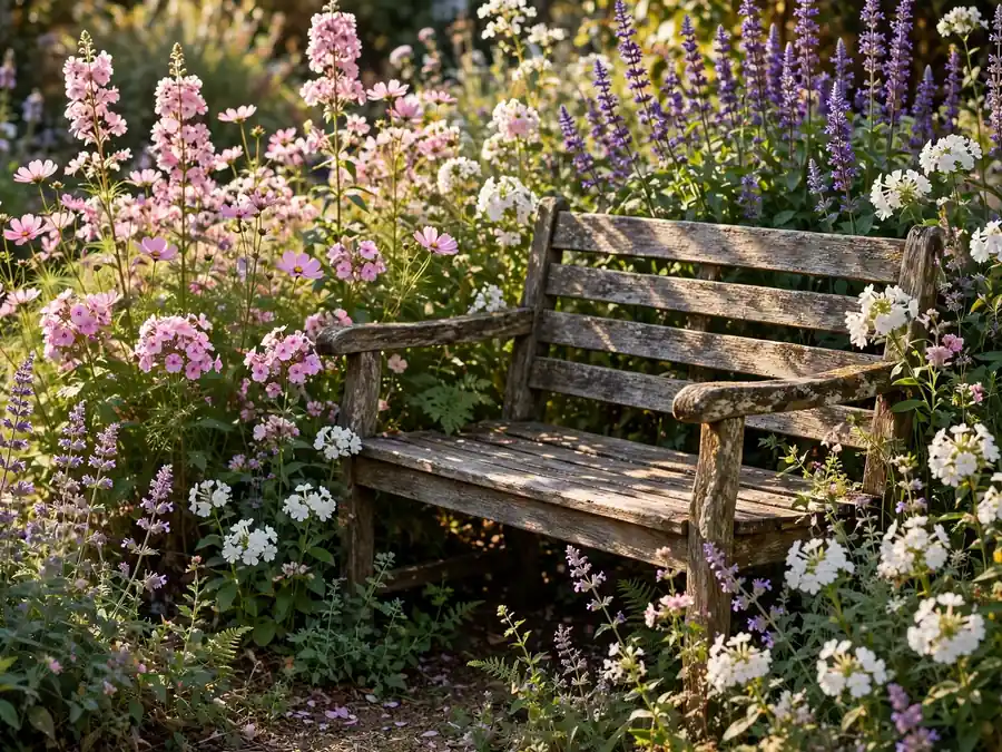 Wooden bench tucked inside a flower bed surrounded by blooms