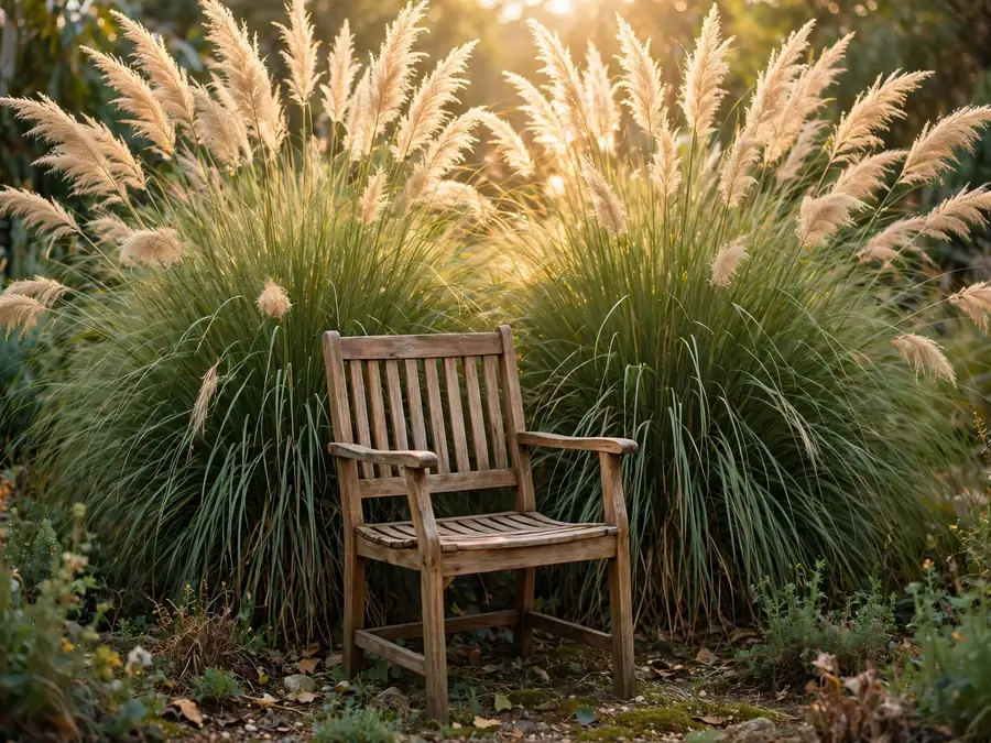 Tall ornamental grasses forming a soft wall behind a garden chair