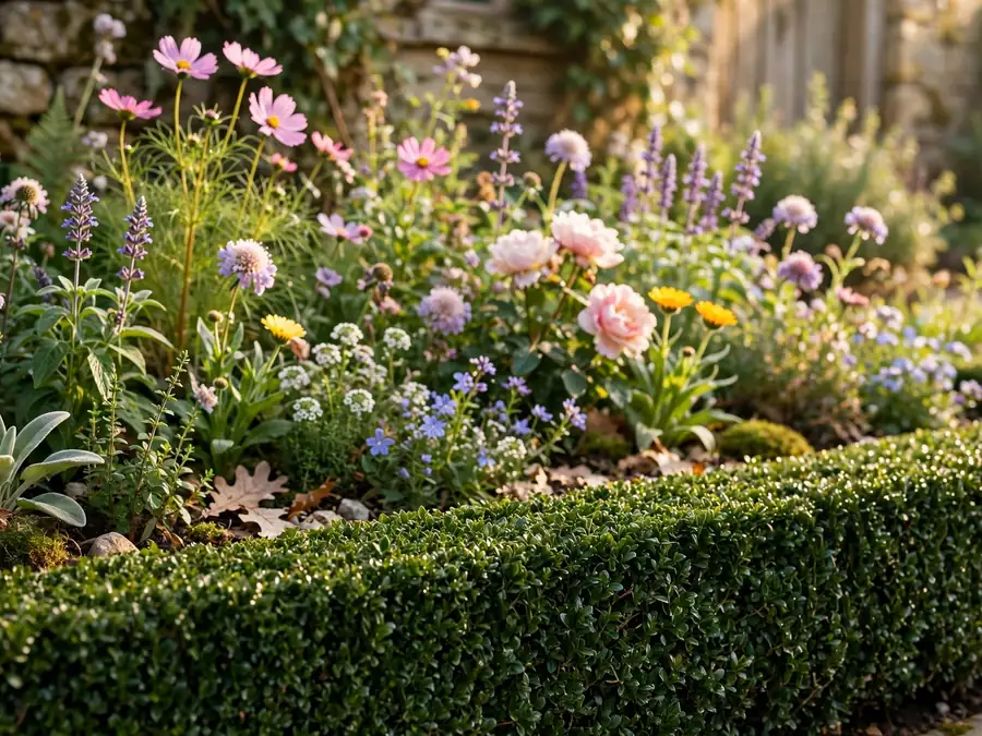 Low clipped green edging plant running along the front of a bed