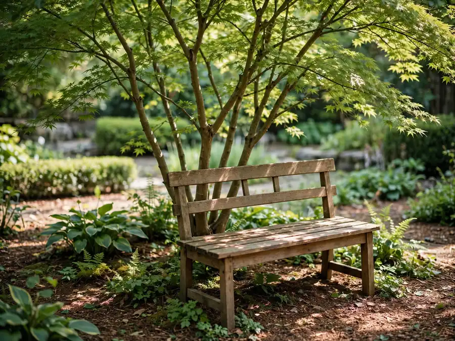 Bench sitting in dappled shade beneath a small garden tree