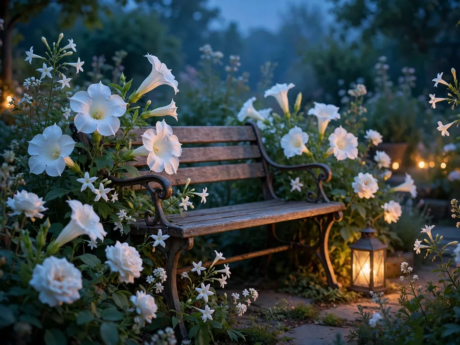 White evening flowers glowing at dusk around a garden seat