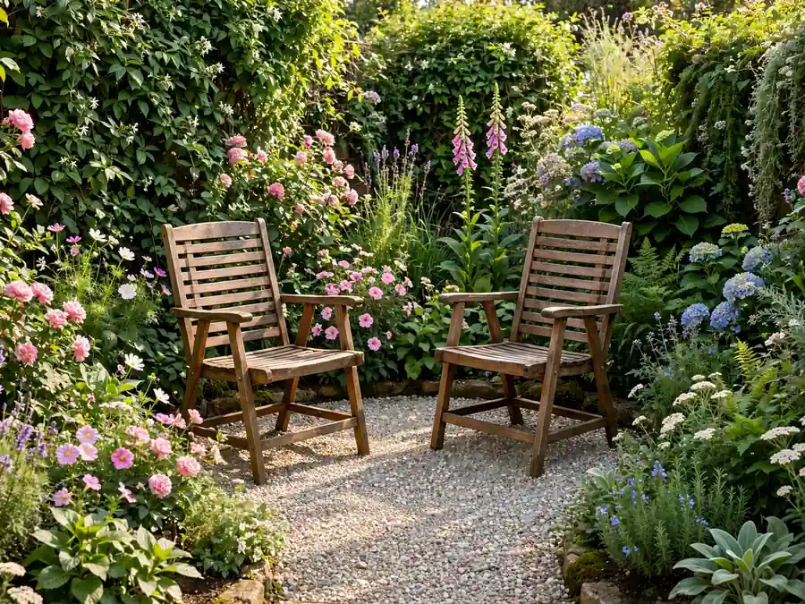 Two chairs on a small gravel pad surrounded by planting beds