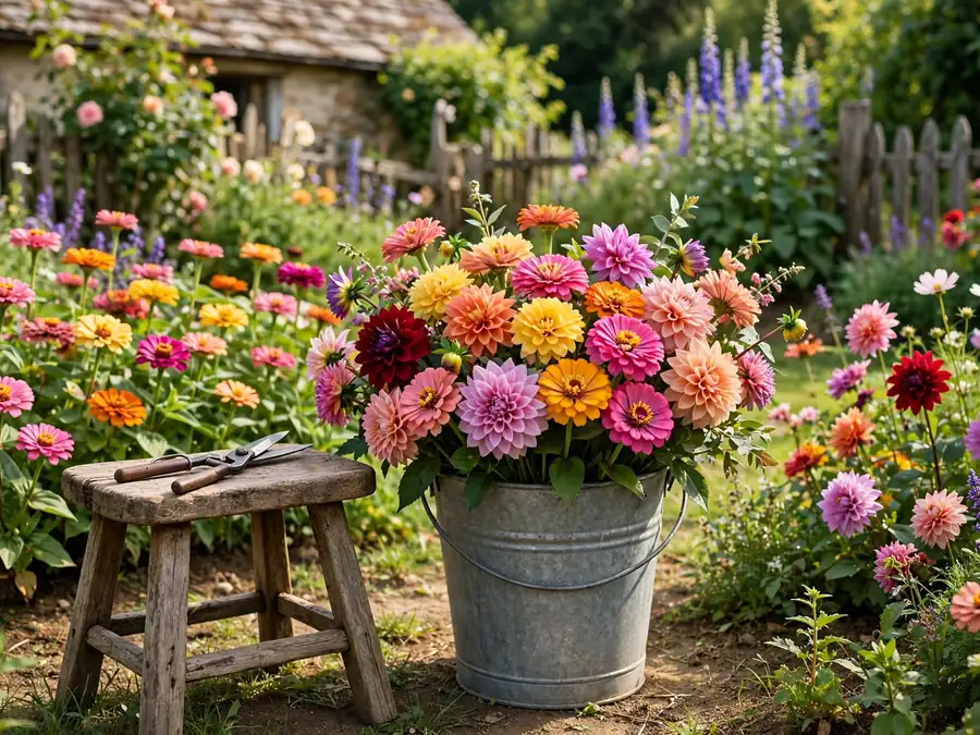 Stool and bucket of cut flowers beside a colorful cutting bed