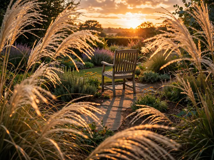 Single garden chair facing sunset light through ornamental grasses