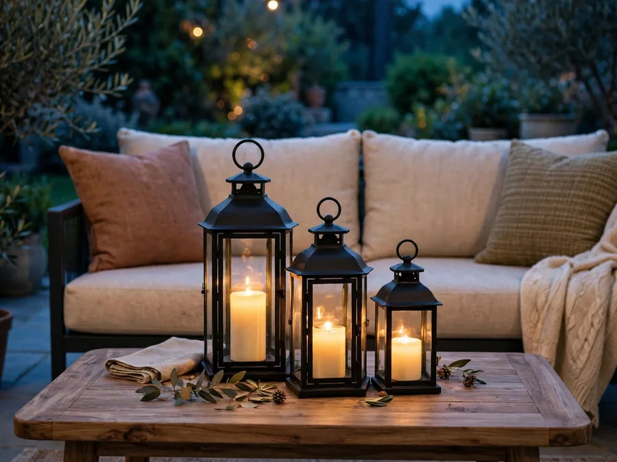 Three lanterns with candles clustered on a patio coffee table at dusk