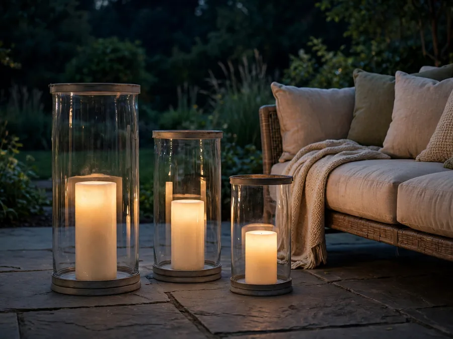 Glass hurricanes with candles glowing on the patio floor beside a sofa