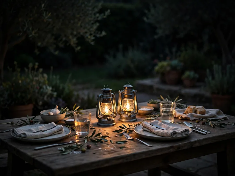 Outdoor dining table at night lit by two short lanterns