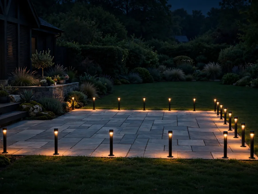 Low bollard lights glowing along the edge of a patio at night