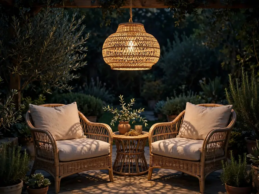 Woven pendant light glowing over patio chairs at night