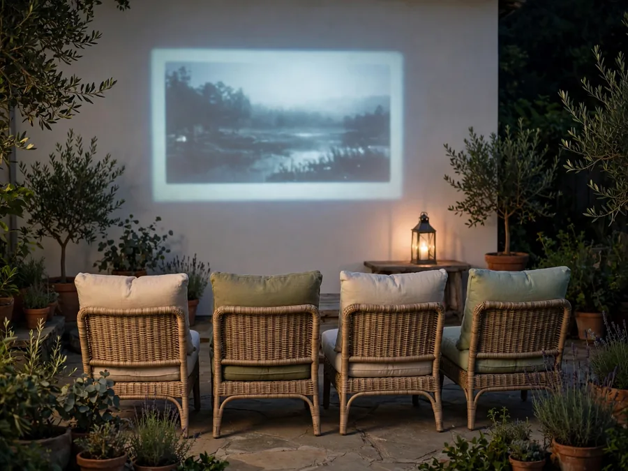 Movie projected on a patio wall with chairs facing it at night