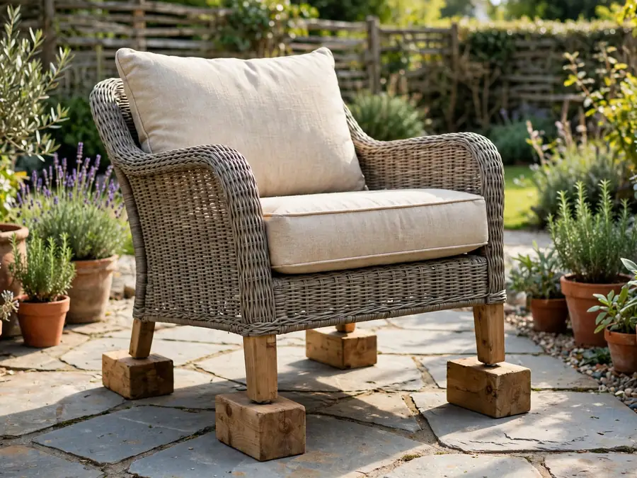 Wood riser blocks lifting a patio chair to an easier seat height