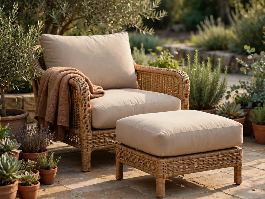 Cushioned outdoor ottoman at footrest height in front of a lounge chair