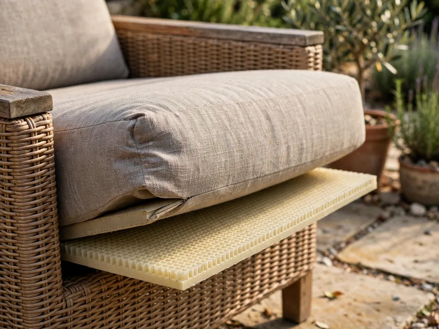 Firm support pad sliding under a flattened patio sofa cushion