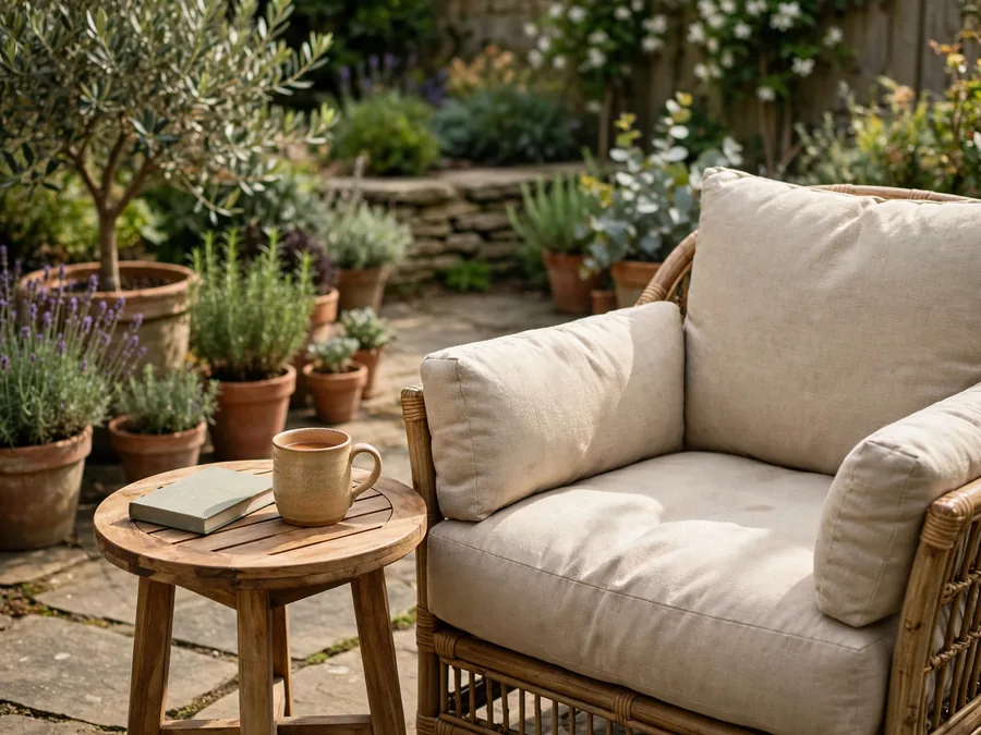 Small round side table at armrest height beside a patio armchair