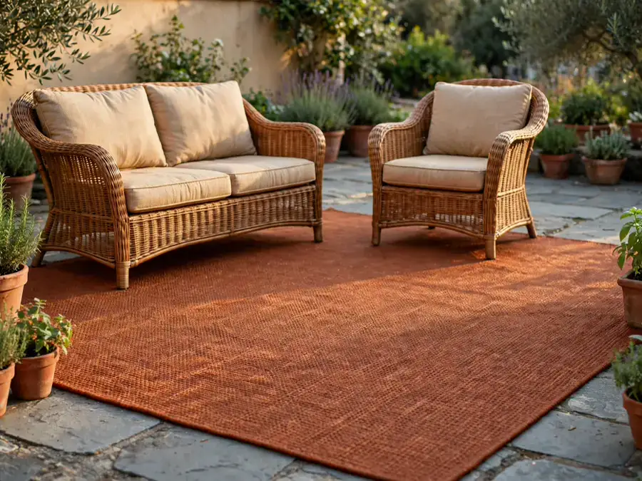 Thick woven mat under patio seating keeping feet off cold stone